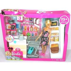 Barbie Grocery Store Doll Shopping Cart Working Belt 25+ Pc Blonde DAMAGED BOX